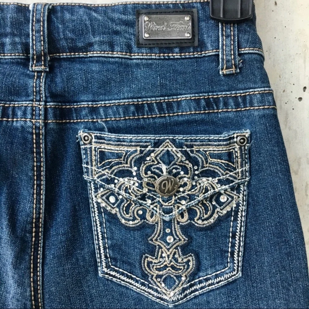 Wired Heart Dark Wash with Embroidered Cross Boot Cut Trouser Jeans 27